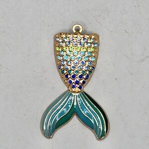 Aqua Blue Mermaid Tail Necklace Pendant Gold Tone Rhinestone